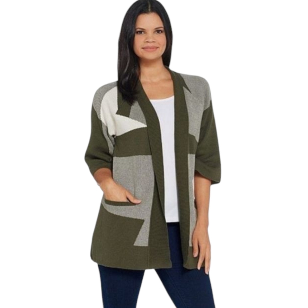 H by Halston Women's Cardigan Sweater Open Front Colour Blocked Green & White XL